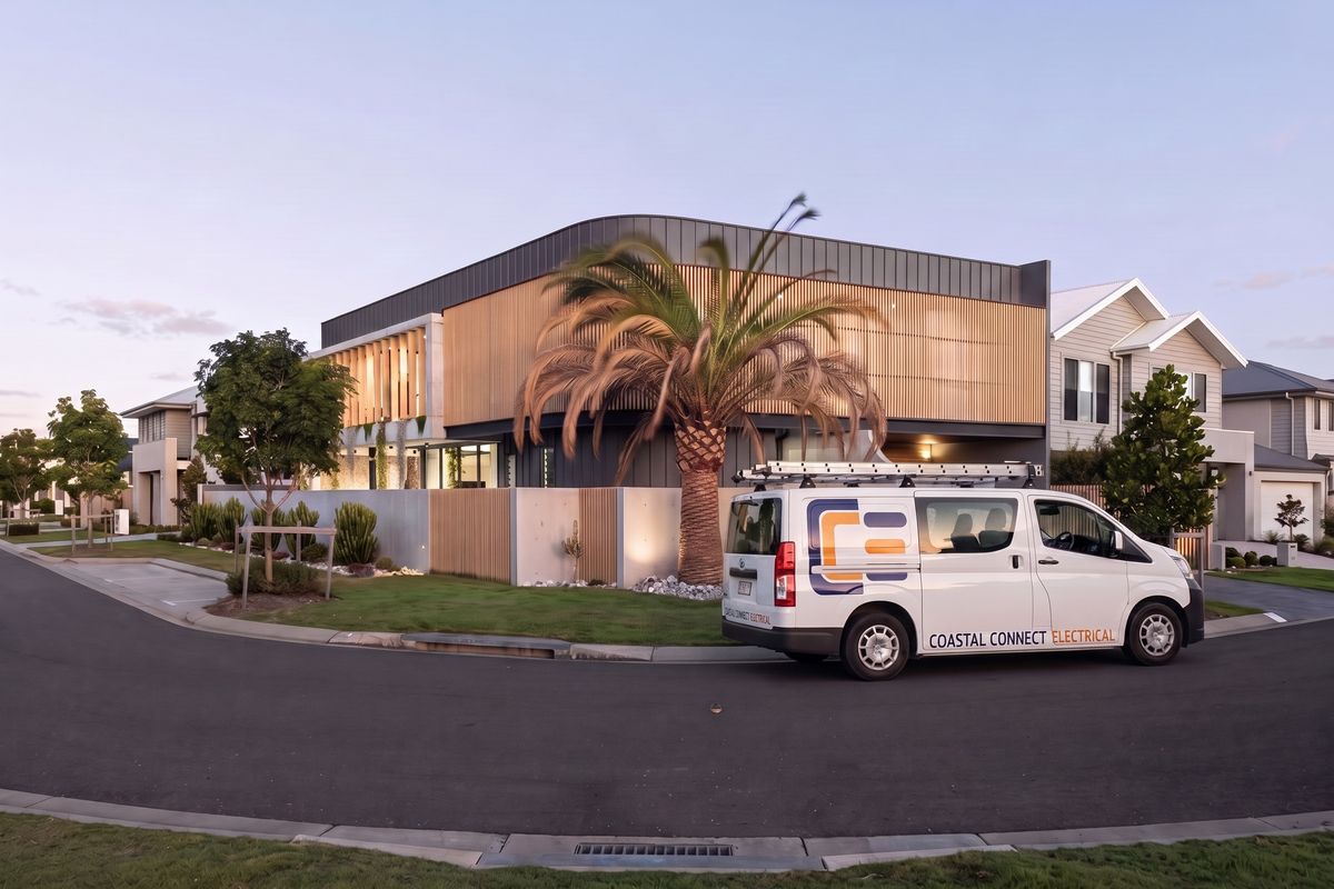 Coastal Connect Electrical van outside a finished home